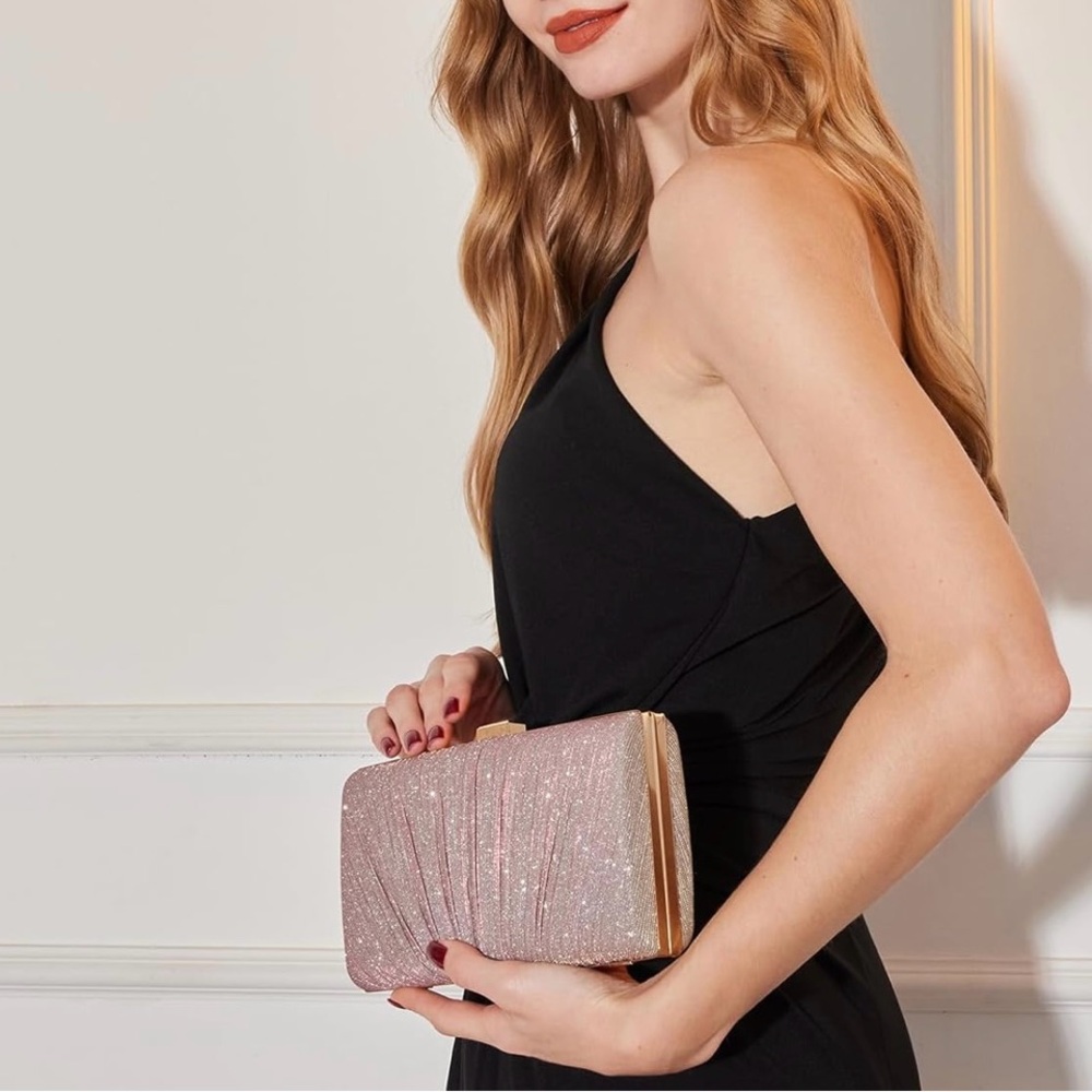 Kseymeir Pink & Gold Clutch Purse for Women | Pleated Evening Hangbag with Chain - Picture 2 of 4